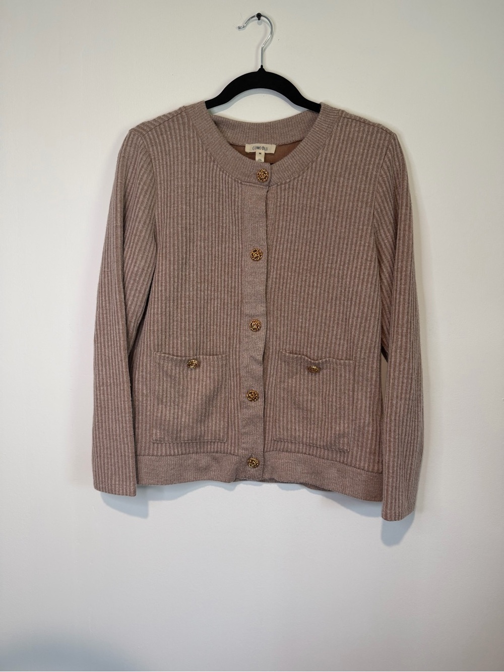 COMO BLU Ribbed Knit Cardigan Jacket Gold Button Detail Taupe Mauve Size M